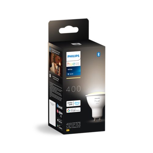 Black retail box displaying a white GU10 smart LED bulb, product details, and compatibility with Alexa and Google Home.