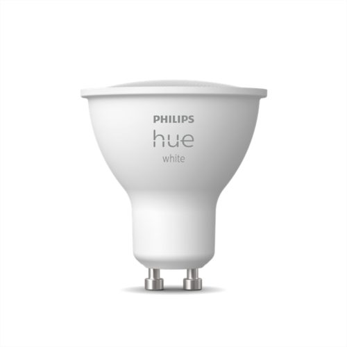 White GU10-shaped smart light bulb with matte finish, compact design, and visible metal base. Text reads hue white.