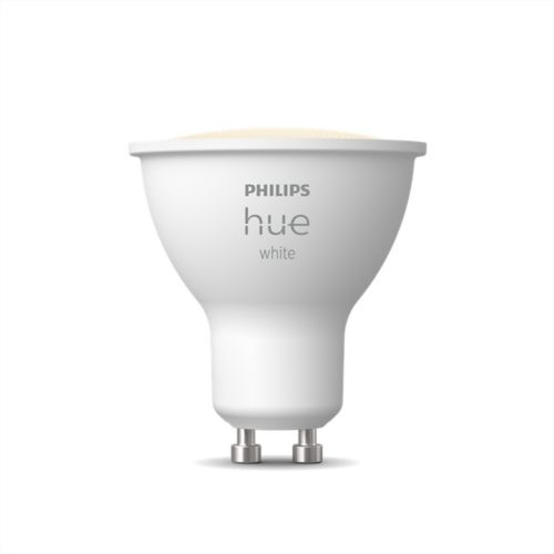 White GU10-shaped smart light bulb with a matte finish, compact design, and visible GU10 base pins. Text on bulb: hue white.