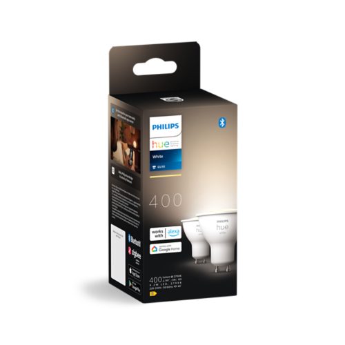 Product packaging for white smart LED GU10 bulbs, showing product features, compatibility icons, and two bulbs on the front.