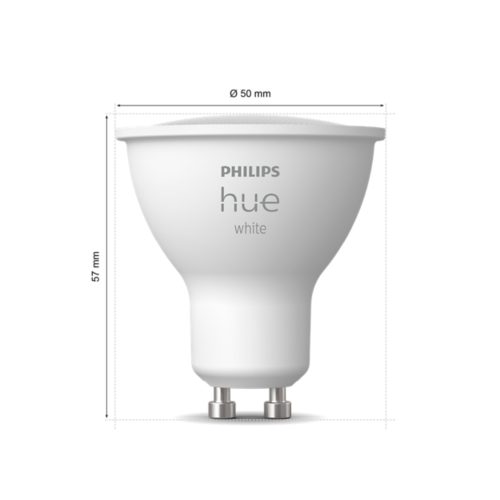 White GU10 shape smart light bulb with matte finish, labeled hue white, showing visible GU10 base and dimensions 50 mm by 57 mm.