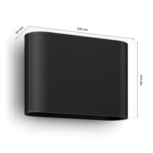 Black Dymera wall light with rectangular curved shape, matte finish, and dimensions labeled as 230 mm x 160 mm x 94 mm.