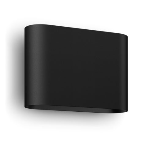 Black Dymera wall light with a rectangular curved shape and matte finish, no visible switches or ports, compact design.