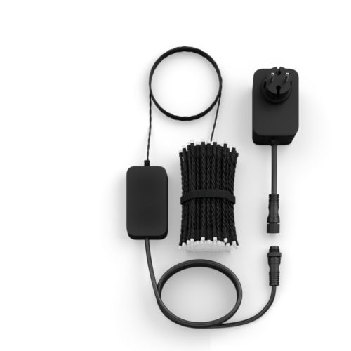 Festavia string lights set, compact black cable bundle with matte finish, power adapter, and connector ports visible.
