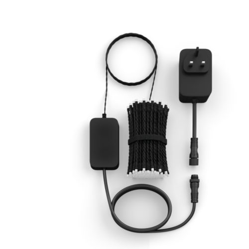 Festavia string lights set with black rectangular control box, compact bundle of black string lights, and black UK plug adapter.
