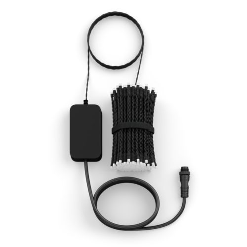 Black Festavia string lights with cylindrical LED bulbs, compactly bundled, featuring a matte control unit and attached cable.