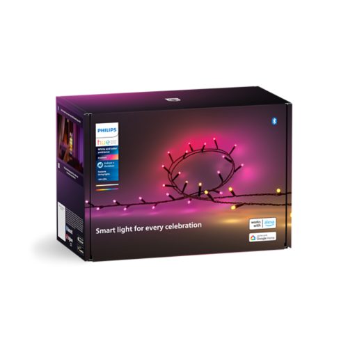 Box of smart string lights with multicolor bulbs, product details, and text Smart light for every celebration on the packaging.