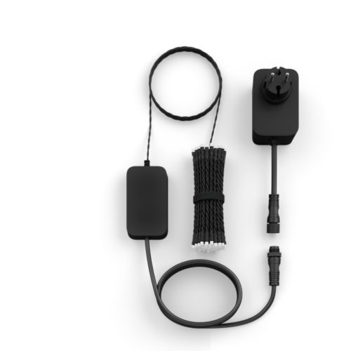 A collection of black string lights with a power adapter and control unit, all components arranged on a white background.