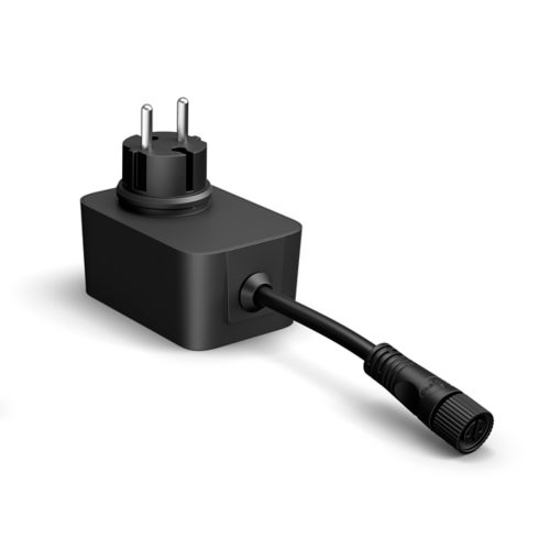 Black Festavia string lights power adapter with a rectangular shape, matte finish, two-pin plug, and attached cable connector.