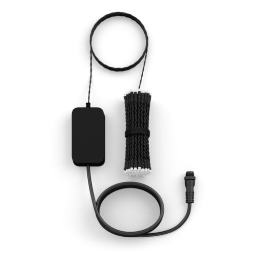 Festavia string lights, compact cylindrical shape, black finish, visible connector, bundled with a rectangular black power unit.
