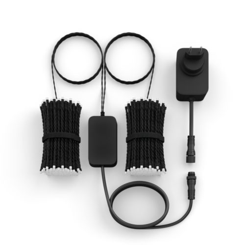 Festavia string lights set with black cable, compact LED bulbs, power adapter, and control unit, matte finish, connectors visible.