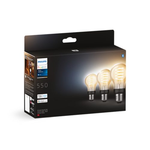 Product packaging featuring a collection of filament-style light bulbs with visible glowing filaments on a black background.