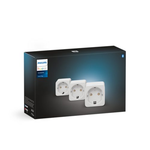 Product packaging displaying a collection of compact, square-shaped white smart plugs with visible sockets and matte finish.