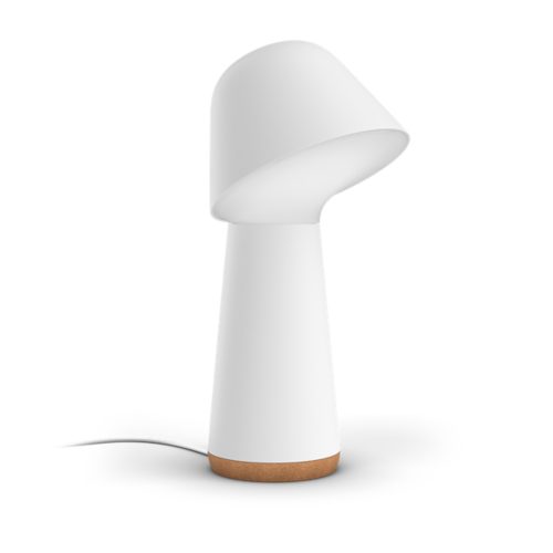 White Twilight bedside lamp with a conical shape, matte finish, and cork base. Power cord is visible at the bottom.