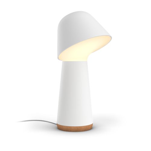 Twilight bedside lamp with a white matte finish, mushroom-shaped design, cork base, and visible power cord.