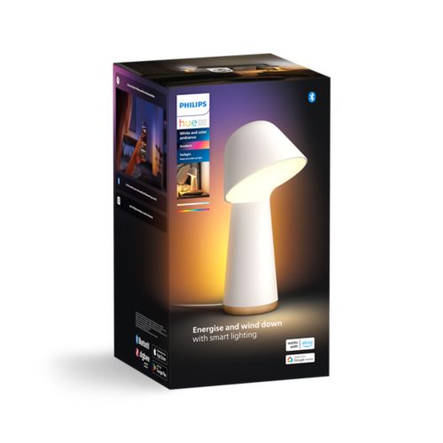 Product box featuring a white table lamp with a slanted shade, labeled Twilight and text Energise and wind down with smart lighting.