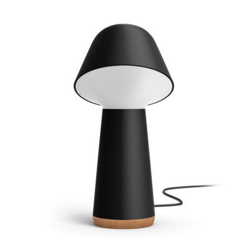Twilight bedside lamp with a mushroom-shaped design, matte black finish, white diffuser, and cork base, featuring a visible power cord.