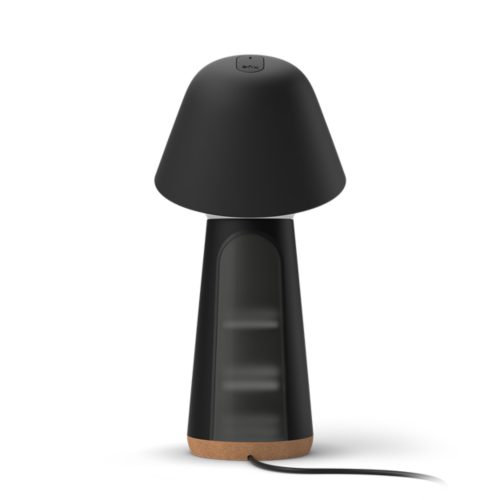 Twilight bedside lamp, mushroom-shaped, black color, matte finish, compact design with visible top button and power cord.