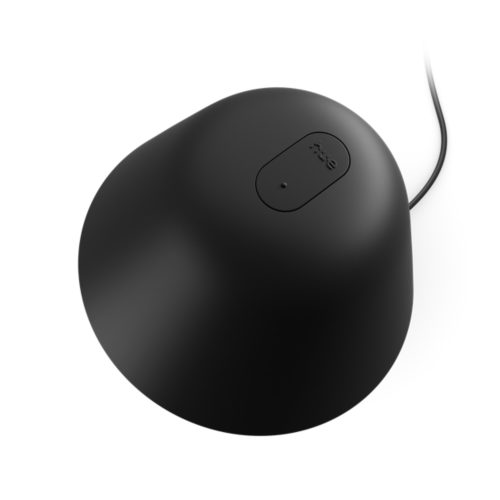 Black bedside lamp with rounded shape, matte finish, visible top button and small indicator, attached power cable.