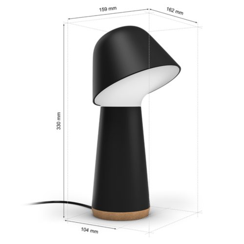 Twilight bedside lamp in black with a matte finish, cylindrical base, angled top, cork accent, and visible power cord. Dimensions shown.