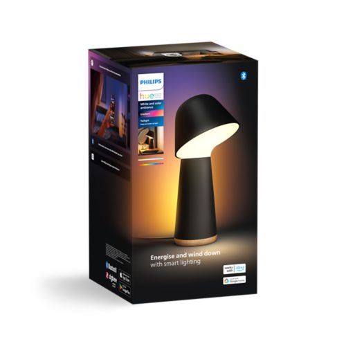 Product packaging featuring a black smart table lamp with a slanted shade, illuminated base, and text describing smart lighting features.