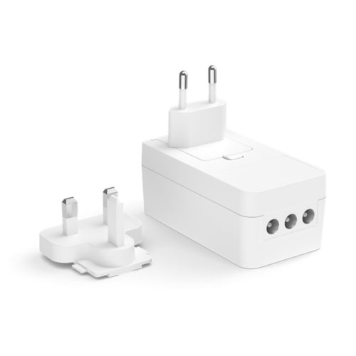 White Play light bar power adapter with a rectangular compact shape, matte finish, three ports, and interchangeable plug types.