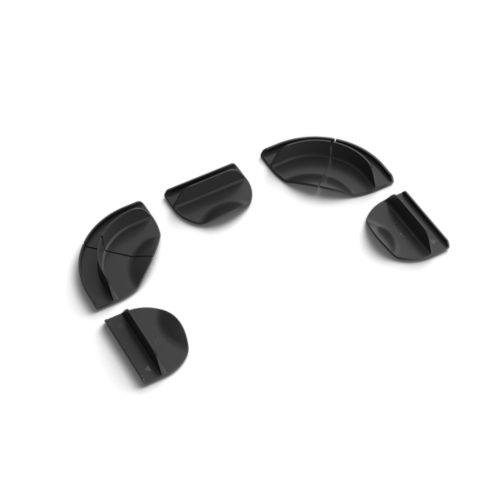A collection of black, semi-circular and rectangular TV lightstrip mounts with a matte finish, designed for mounting tape installation.