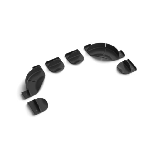 A collection of black lightstrip mounting clips and tape arranged on a white background, with Hue text visible on each piece.