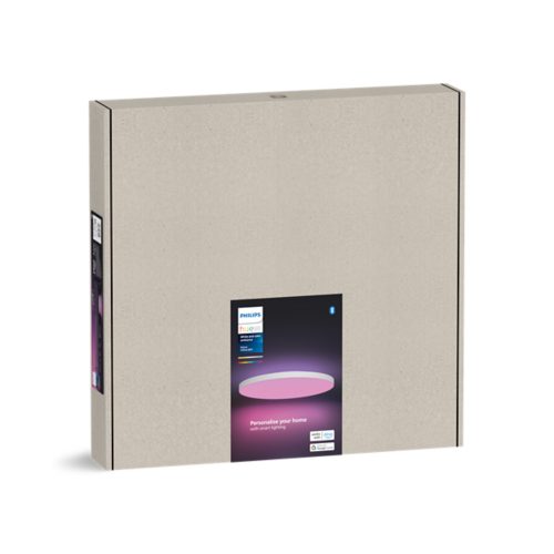Square beige product box with a label showing a round ceiling light emitting purple and white light, text reads Personalise your home with smart lighting.