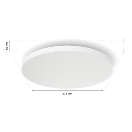 Datura round ceiling light, white color, circular shape, smooth matte finish, compact profile, dimensions 574 mm x 63 mm shown.