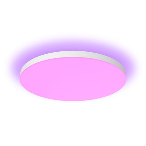 Datura round ceiling light, circular shape, white finish, compact design, emitting pink and purple light, no visible switches or ports.