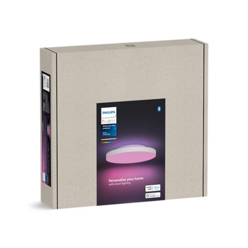 Rectangular box packaging featuring an image of a round ceiling light emitting pink illumination, with text Personalise your home with smart lighting.