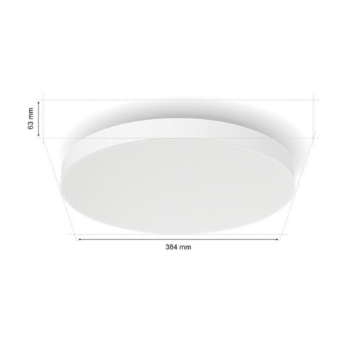Round small ceiling light, white color, compact shape with matte finish, dimensions labeled as 384 mm wide and 63 mm high.