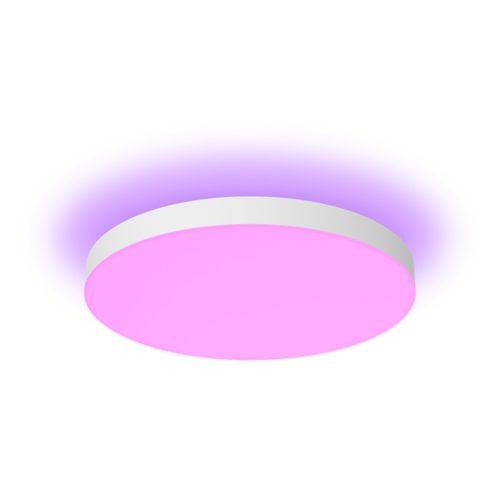 Round small ceiling light with a white matte finish, emitting pink and purple illumination, compact circular shape, no visible switches.
