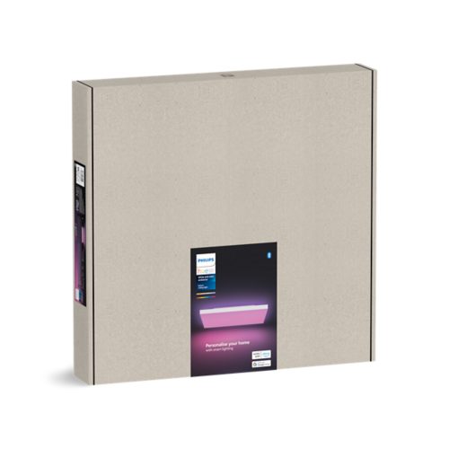 Square beige product box with a label showing a rectangular light bar emitting pink light and text Personalise your home with smart lighting.