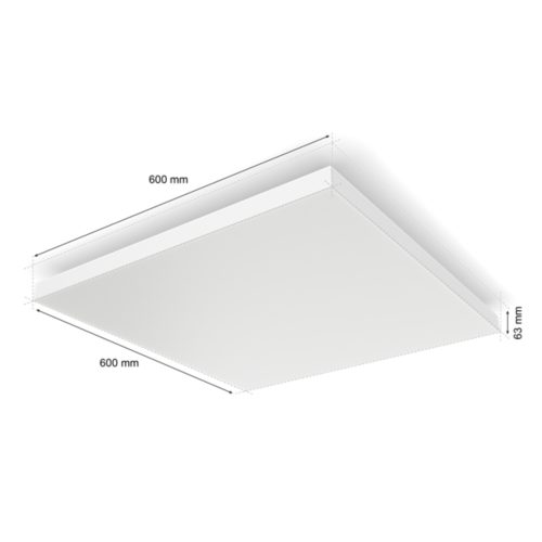 Square ceiling light, white color, flat shape, matte finish, compact design, with visible dimensions labeled 600 mm by 600 mm by 63 mm.