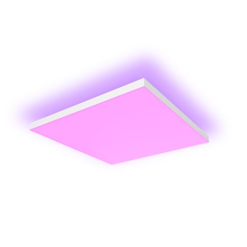 Square ceiling light panel with white frame, emitting pink and purple illumination, featuring a compact and flat shape.