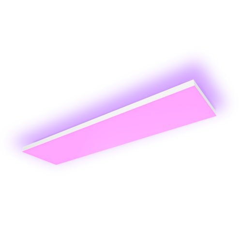 Rectangular ceiling light panel with a white frame, emitting pink and purple light, featuring a smooth matte finish.