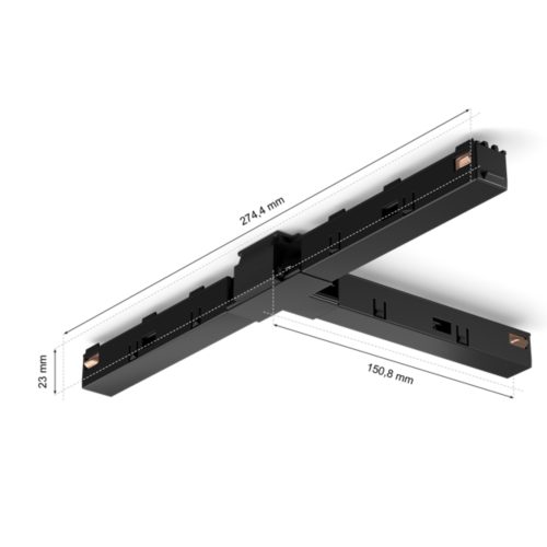 Black Perifo T-shape connector with matte finish, compact rectangular design, visible copper contacts, and labeled dimensions in millimeters.