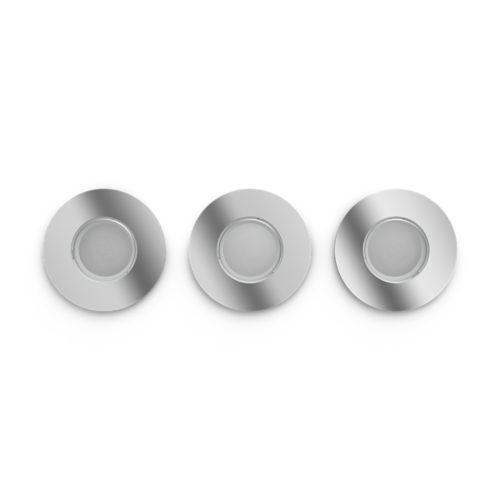A set of round, chrome-finished recessed smart ceiling lights with a uniform modern design, shown against a white background.