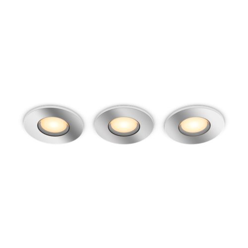 Adore recessed round chrome downlights with a glossy finish, featuring warm white illumination and compact design.