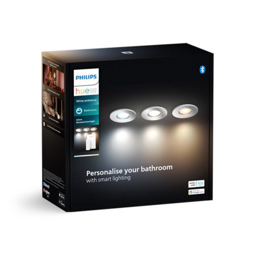 Product packaging showing recessed downlights in three light tones with the text Personalise your bathroom with smart lighting.
