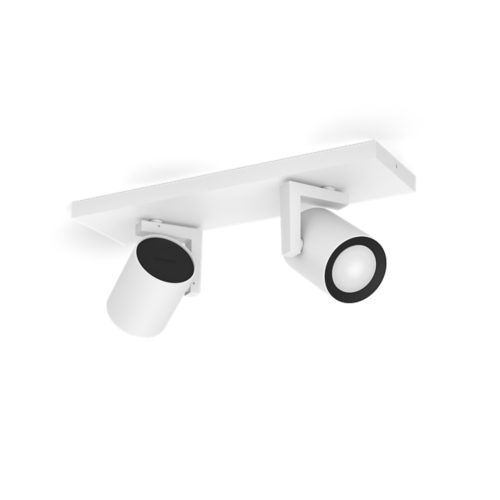 Argenta plate spiral white spotlight fixture with two cylindrical, matte white adjustable heads and black trim on a rectangular base.