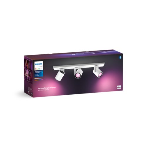 Product packaging showing a white ceiling spotlight fixture with three adjustable heads, emitting pink and white light. Text: Personalise your home with smart lighting.