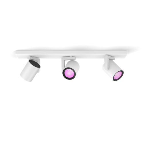 Argenta spiral plate track light with cylindrical white matte finish spotlights, two emitting pink light, compact and without visible switches.