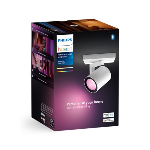 Product packaging for Argenta Spot light showing a white smart spotlight emitting pink light and text, Personalise your home with smart lighting.