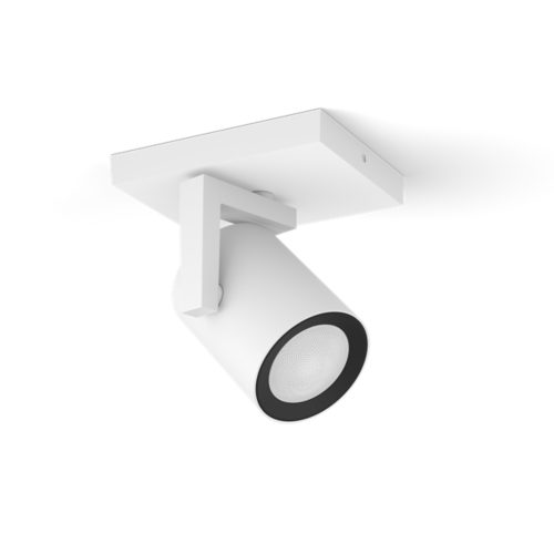 White Argenta single spot ceiling light with cylindrical shape, matte finish, black rim, and square mounting plate visible.