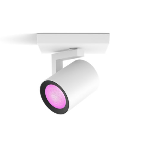 White Argenta single spot light in a cylindrical shape with a matte finish, emitting a pink glow from the front lens.