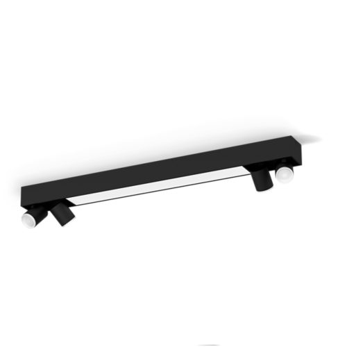 Centris Hue 4-spot ceiling light with a rectangular black matte finish base and cylindrical adjustable spotlights, compact design.