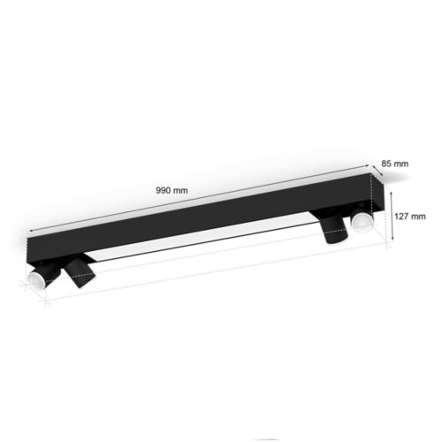 Black Centris Hue 4-spot rectangular ceiling light with matte finish, featuring adjustable cylindrical spotlights and labeled dimensions.